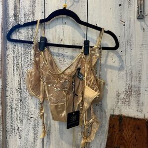 Goldie Set from Honey Birdette. Bra, panties, garter belt.